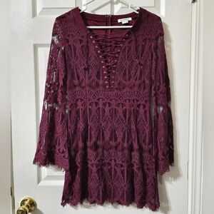 GLAMOROUS Lace Crochet Mini Dress w/Corset Style Neckline & Sheer Bell Sleeves.